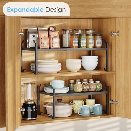 2 Pack 11” Depth Expandable Kitchen Cabinet Organizer Shelves, Metal Kitchen Countertop Organizers and Storage Shelving, Heavy Duty Stackable Storage Rack Shelf For Pantry Cupboard Counter Tabletop - Image 4