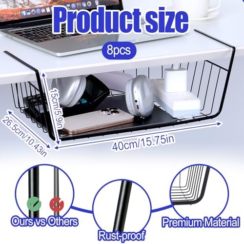 8 Pack Hanging Under Shelf Storage Basket, Steel Hanging Wire Rack Storage Baskets, Slide-in Baskets Organizer for Kitchen Cabinet Desk Organizer Storage, Space Saving, 16"D x 9"W x 5.9"H - Image 2