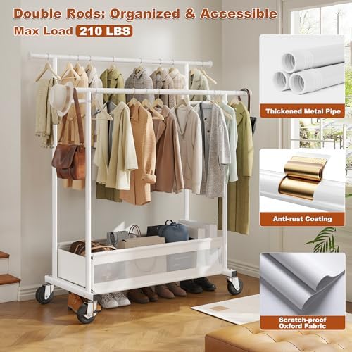 Clothes Rack 210 LBS Double Rods Extra Storage Basket - Image 2