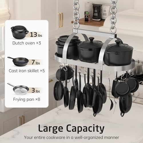 KES 34 Inch Heavy Duty Chrome Hanging Pot Rack Ceiling Mount, Oval Pot and Pan Hanging Rack, Pan Hanger for Kitchen Storage Organizer with 20 S Hooks (For 16" and 24" Ceiling Joist), KUR221S85-CH - Image 2