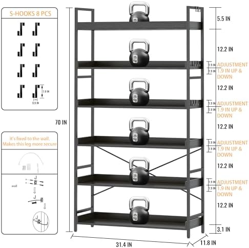 HCHQHS Bookshelf, Adjustable Industrial Bookcase, Vertical Tall Book Shelf, Wood and Black Metal Open Bookshelves for Home Office, Living Room, Bedroom (Black, 6-Tier (31" W x 70" H)) - Image 3
