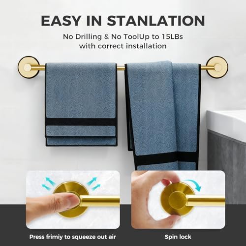 Adjustable Suction Cup Towel Bar for Bathroom Wall,17Inch~29 Inch Towel Racks for Bathroom,Stainless Steel Bath Towel Holder for Shower,2 Pack(Brushed Gold) - Image 3