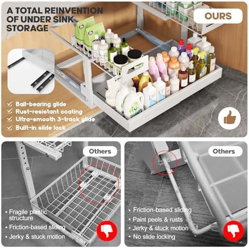 1 Pack Expandable Under Sink Organizers Storage With Upgrade Ball-Bearing Slide Tracks,2-Tier Pull Out Under Cabinet Organizer Height Adjustable,Not Suitable For Cabinets With Partitions In The Middle - Image 5