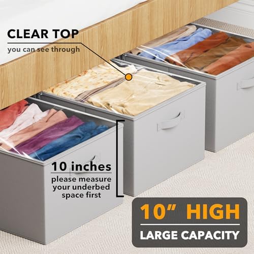 SpaceAid 3 Pack 10" High Under Bed Storage Containers, Large Underbed Storage Organizer Bins with Lids for Bedroom, Dorm, Clothes, Closet Organization, Bed Sheets and Blankets (Gray) - Image 2