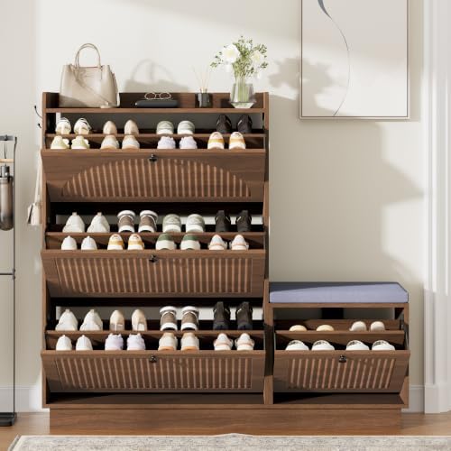 Shoe Cabinet with Bench, 4‑Flip Drawer Fluted Shoe Storage Cabinet with Removable Adjustable Shelves, Side Hooks & Anti‑Tip Device, Freestanding Entryway Shoe Organizer for Hallway, Walnut - Image 3