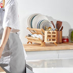 NOVAYEAH Bamboo Dish Drying Rack-2 Tier, Collapsible Small Dish Rack with Utensil Holder, Wooden Drying Rack for Kitchen Counter, Apartment Essentials Kitchen Plate Holder Organization 34 pcs Grid - Image 2