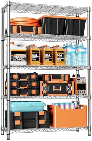 IZEUK 1750LBS Garage Shelving Wide Storage Shelves 5 Tier Metal Shelves Heavy Duty Adjustable Utility Shelf Rack (Chrome, 5 Tier, 15.7" D x 45.3" W x 70.9" H) by IZEUK