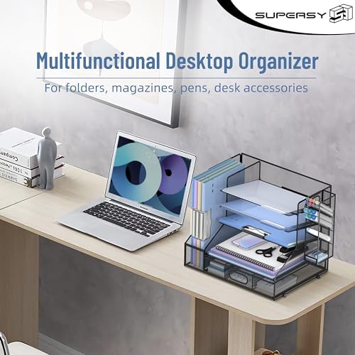 Desk Organizer with 5 Tier File Holder and Sliding Drawer Pen Holder Black - Image 4