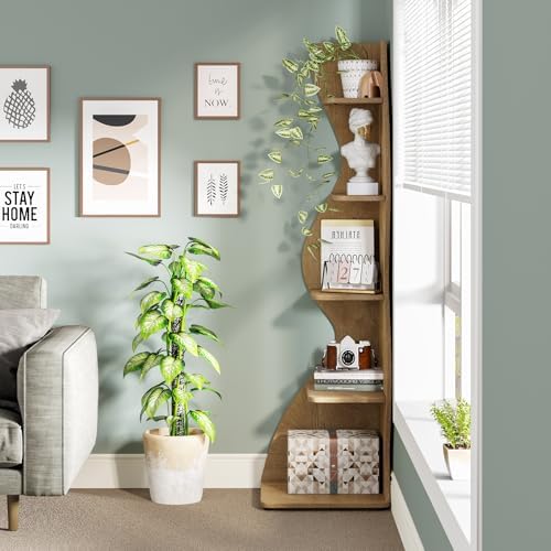 Tribesigns Corner Shelf, Modern 5-Tier Wall Corner Bookshelf, Stylish Corner Small Bookcase Storage Rack Plant Stand with Unique Shape for Living Room, Home Office (Light Brown, 1PC) - Image 5
