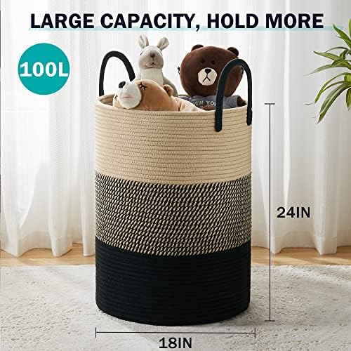 YOUDENOVA Woven Laundry Hamper Basket, 100L Tall Laundry Basket-Black&Brown - Image 3