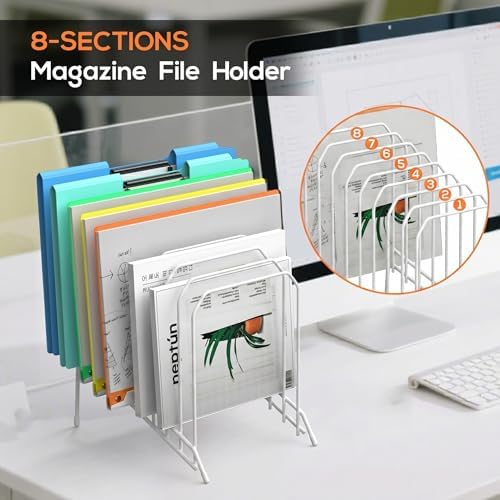 Incline Sorter Desk File Organizer, Metal Desk Magazine Folder Holder with 8-Section Vertical Compartments Rack File Organizer for Office, Home, School (2, White) - Image 3