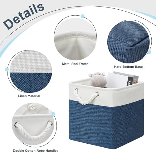 Posprica 11×11×11 Storage Cubes, Collapsible Storage Bins Organizer for Closet, Fabric Storage Box with Cotton Rope Handles, Decorative Storage Baskets for Shelves, set of 6 - White/Blue - Image 3