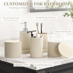 6-Piece Beige Bathroom Set - Mesh Textured Resin Bathroom Accessories Set with Soap Dispenser, Toothbrush Holder, Cup, Vanity Tray & Apothecary Jars for Small Spaces - Image 2