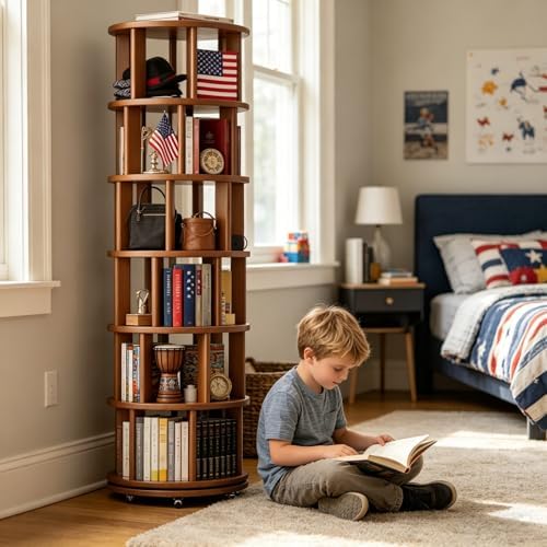 Muwuele 6 Tier Solid Wood Rotating Bookshelf Tower on Wheels, Walnut - Image 6