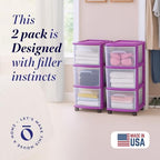 HOMZ Drawer Tower, 3-Tier Storage Cart w/Removable Wheels, Purple, 2 Pack - Image 4