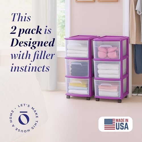 HOMZ Drawer Tower, 3-Tier Storage Cart w/Removable Wheels, Purple, 2 Pack - Image 4