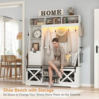 75''H 59''W Large LED Farmhouse Hall Tree with Bench and Shoe Storage,Entryway Bench with Coat Rack,16 Shoe Cubbies & Umbrella Holder and Sock Storage Drawer,Mudroom/Hallway Storages Cabinet(white ) - Image 5