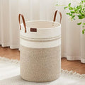VIPOSCO 58L Tall Woven Rope Laundry Hamper, Leather Handles, Brown & White by VIPOSCO