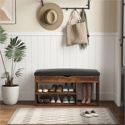 Apicizon 31 Inches Storage Bench with Padded Cushion, Shoe Bench with Storage Space, Upholstered Entryway Bench for Living Room, 2-Tier Shoe Rack Organizer, Brown - Image 3