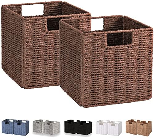 Vagusicc Wicker Storage Basket, Set of 2 Hand-Woven Storage Baskets for Shelves, Foldable Cube Storage Baskets Bins with Handles, 9 inch Small Wicker Baskets for Organizing Pantry Bedroom, Brown by Vagusicc