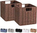 Vagusicc Wicker Storage Basket, Set of 2 Hand-Woven Storage Baskets for Shelves, Foldable Cube Storage Baskets Bins with Handles, 9 inch Small Wicker Baskets for Organizing Pantry Bedroom, Brown by Vagusicc
