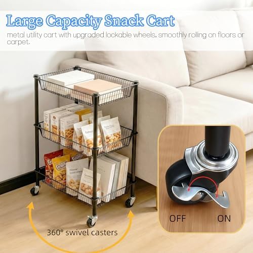 Pantry Organizer and Storage Shelves Kitchen Cart for Fruit Vegetables, 3 Tier Utility Cart with Wheels, Onion Potato Storage Basket Thicken Metal Trolley for Laundry Bathroom, Black - Image 5