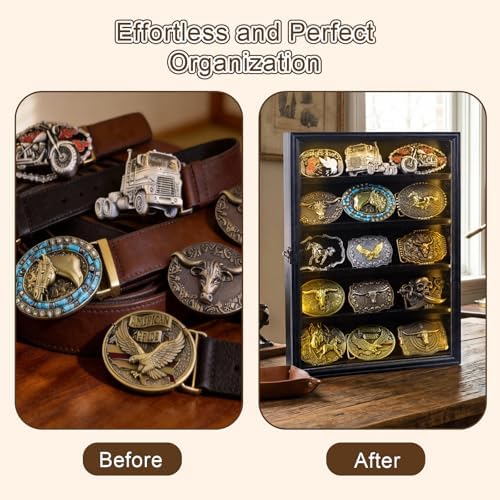 Belt Buckle Display Case, 5 Belt Buckle Holders Included, 17x12 Black Shadow Box with LED Light, Wall-Mounted Men's Belt Clip Storage Box, Lockable - Image 5