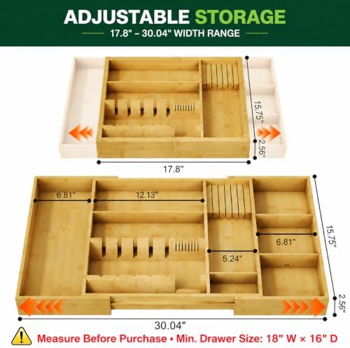 Bamboo Expandable Kitchen Drawer Organizer, 17.8-30 in,Natural - Image 2