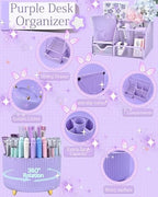 Purple Desk Accessories and Organizers with Desk Organizer and 360°Rotating Pen Holder stapler Pen and a Lot of Office Purple Office Supplies Beautifully Presented in a Gift Box - Image 2