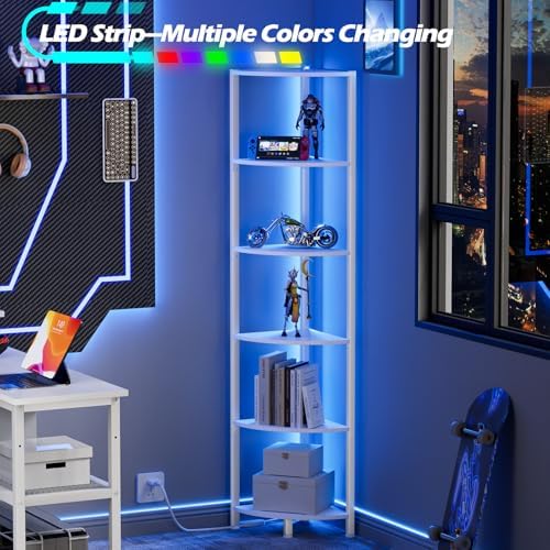 Furnulem 6 Tier Corner Shelf with LED Light, 67.5" White Narrow Bookshelf - Image 5