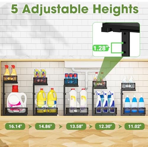 Under Sink Organizer 2-Pack, 2-Tier Pull-Out Cabinet Organizer with Adjustable Height, Metal Under Sink Storage Rack for Kitchen Bathroom Pantry Cabinets, Black - Image 6
