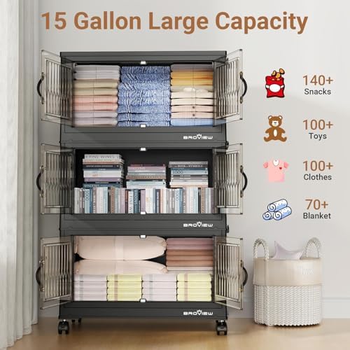 BROVIEW 180Qt Stackable Storage Bins with Lid, Extra Large Closet Organizer Collapsible Drawer Boxes with Wheels, Folding Plastic Cabinet Containers for Home Kitchen Room Organization, 3Pack Black - Image 4