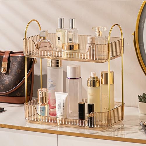 Aveniee Bathroom Counter Organizer, 2 Tier Perfume Skin Care Countertop Storage Shelf, Vanity Makeup Tray for Cosmetic Skincare Lotion, Gold by Aveniee