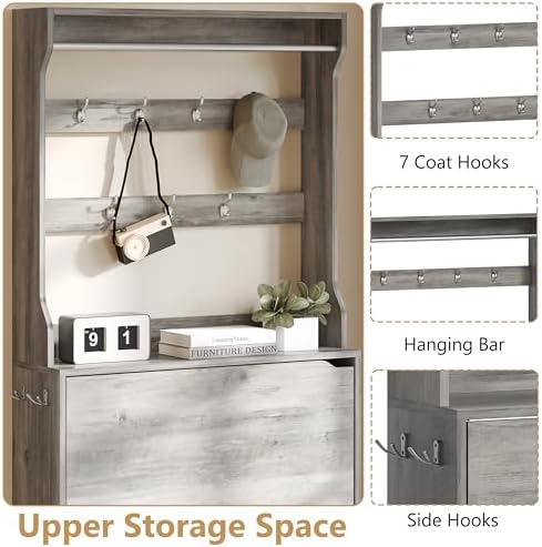 Wodeer Tall Shoe Cabinet with Coat Rack, Hidden Shoe Storage Cabinet with Doors & Drawer, Hanging Bar & Hooks, Slim Narrow Freestanding Shoe Rack Organizer for Entryway, Hallway & Living Room, Grey - Image 6