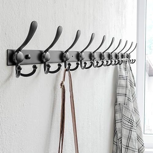 Dseap Coat Rack Wall Mount 37”, Heavy Duty 12-Gauge Base vs Flimsy 1mm, Double-Thick Anti-Snap Hooks, 16” Stud-Mount, Stainless Steel 10-Hook Hanger for Closet Entryway, Black, Pack of 2 - Image 5