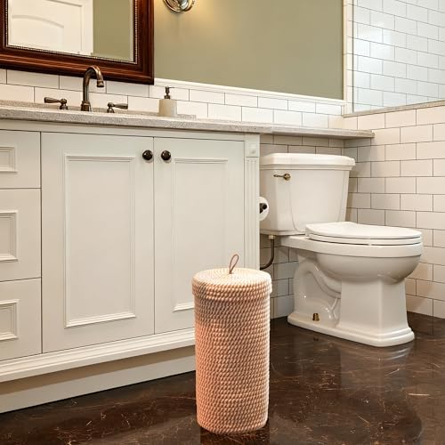 Toilet Paper Holder Handmade – Woven Cotton Toilet Paper Stand & Storage Basket with Lid, Freestanding Organizer for Bathroom, Fits 3 Mega Rolls Gradient Brown 14'' x 7'' - Image 5