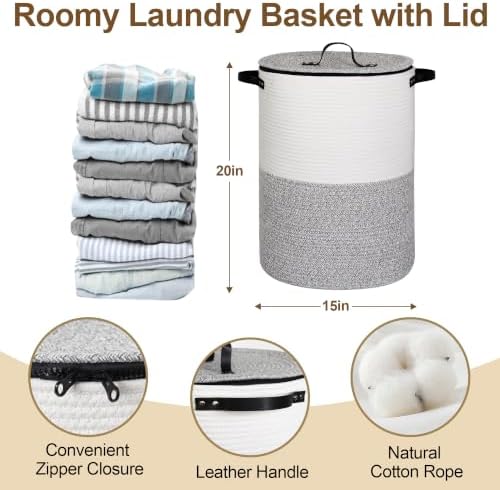 Laundry Basket with Lid, 15"x20" Tall Woven Blanket Storage for Living Room Bedroom, Round Baby Nursery Hamper with Zipper, Toy Bin, Large Cute Covered Clothing Basket for Towels, Shoes, Gray - Image 2