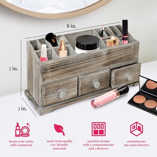 Besti Rustic Vanity Organizer for Cosmetics, Makeup, and Bathroom Accessories, Wooden Farmhouse Storage Box with 3 Drawers, Vintage Countertop, Dresser, or Desk Organization - Image 2