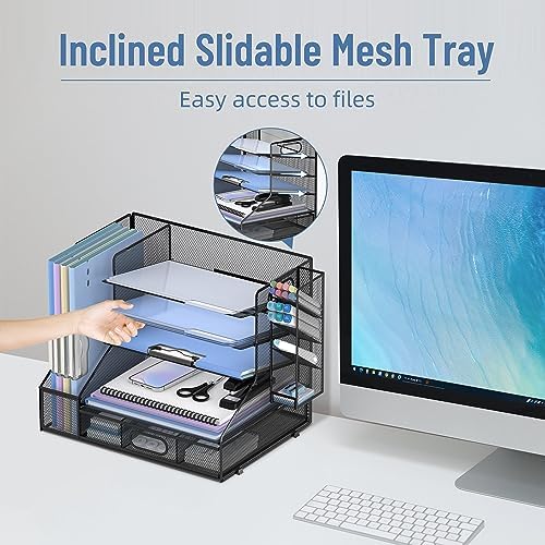 Desk Organizer with 5 Tier File Holder and Sliding Drawer Pen Holder Black - Image 2