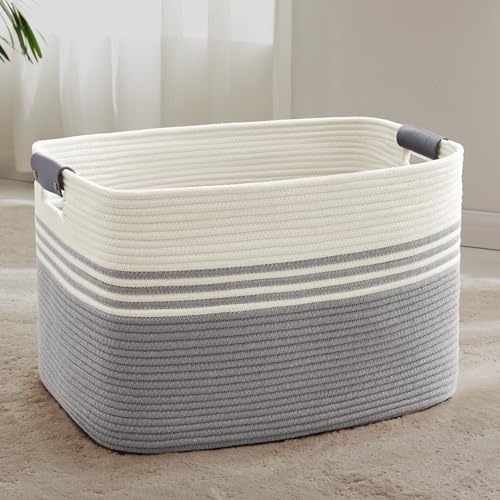 86L Large Woven Laundry Basket Hamper with Leather Handles,Grey by SunNewt