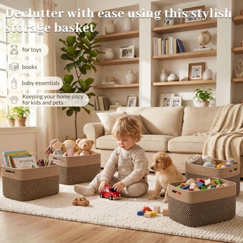 OIAHOMY 4 Pack Storage Basket, 13"x9"x7.8" Cotton Rope Baskets for Shelves, Closet Organizer for Bedroom & Living Room, Soft Decorative Bins for Organizing Towels, Books & Toys, Brown & Black - Image 5