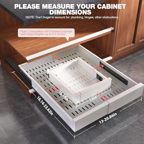 Seinloes Pull Out Cabinet Organizer,4-Side Expandable to Maximize Cabinet Space,Slide Out Drawers with 3 Rail Design,Roll Out Shelf with Raising Pad for Framed Cabinet,13"-21"W x 17"-24"D,White,2 Pack - Image 6