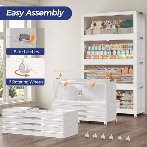 1280QT Extra Large Stackable Storage Bins with Lid, 320Gal Plastic Closet Organizers and Storage Drawer, Collapsible Cabinet Box with Wheels Clear Doors for Home Kitchen Office, 4Pack White - Image 6