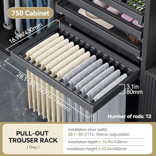 Pull Out Pants Rack for Closet，Retractable Trouser Organizer with Soft Close Silent Rails, Non-Slip Removable Rods, Adjustable Width Aluminum Frame, Luxury Wardrobe Storage System (Charcoal Grey) - Image 2