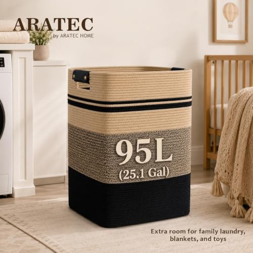 Laundry Hamper, Cotton Rope Laundry Basket with Leather Handles, 25.1-Gallon/95 L Large Clothes Hampers for Laundry, Woven Laundry Baskets for Blankets, Clothing, Bedroom, Living Room, Nursery - Image 3