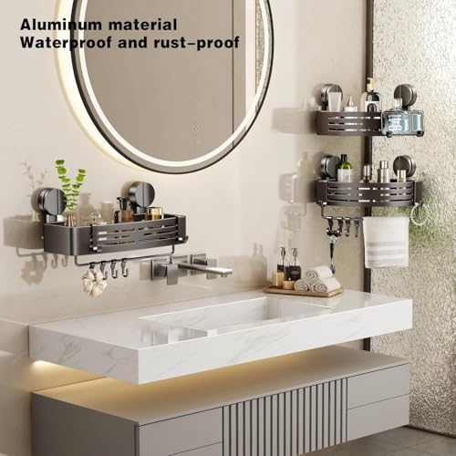 VOLPONE Shower Caddy Suction Shower Shelf No Drilling Shower Organizer Suction Cup Shower Storage Rack Aluminum Wall Mounted Shampoo Holder with Towel Bar Hooks (3-Pack, Matte Gray) - Image 2