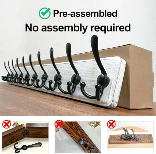 WEBI Coat Rack Wall Mounted,38 9/16" Long,10 Hooks,Wood Coat Hooks Wall Mounted Coat Hanger,Hook Rack Rail,Triple Hooks for Hanging Coats,Clothes,Jacket,Farmhouse,Black/White,2 Packs - Image 6