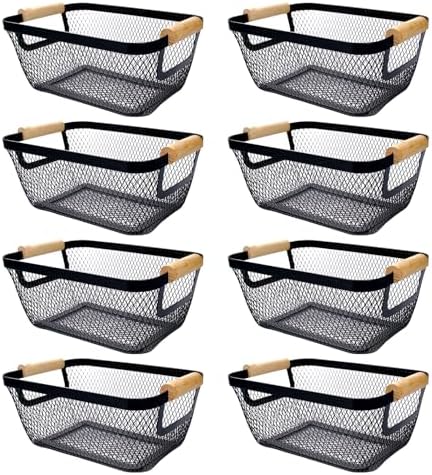 8 Pcs Black Wire Basket with Wooden Handle, Pantry Storage Bins by TANEMUDO
