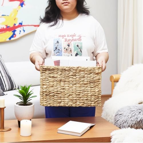 Magazines Holder Basket - Wicker Magazine Basket, Handwoven Magazine Holders for Bathroom,Home Magazine Storage Basket, Water Hyacinth Magazine Rack Organizer for Books, Newspapers, Narrow Rectangle - Image 7
