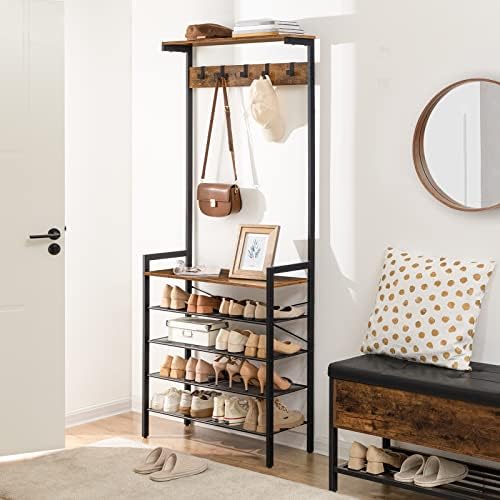 HOOBRO Hall Tree with Bench, Coat Rack with Shoe Storage, Shoe and Coat Rack, 5-Tier Entryway Shoe Storage, 5 Hooks, for 12-16 Pairs, Industrial, Hallway, Foyer, Mudroom, Rustic Brown BF74MT01 - Image 2